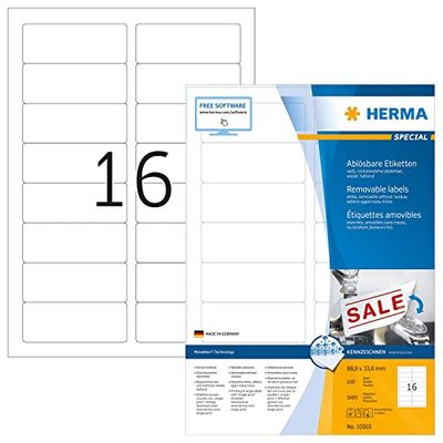 HERMA 10303 universele etiketten A4 afneembaar, groot, set van 14 (88,9 x 33,8 mm, 1.400 velles, papier, mat) zelfklevend, bedrukbaar, verwijderbaar en klevende etiketten, 22.400 etiketten, wit