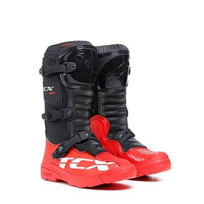 TCX - Comp Kid, Bottes de Motocross pour Enfants, Tige en Microfibre, 3 Boucles Fermeture en Polyuréthane avec Réglage Micrométrique et Velcro, Noir/Rouge