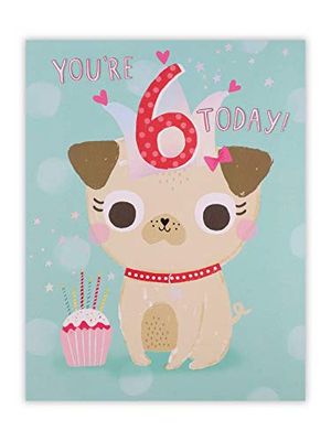 Clintons: Pug In Feestmuts Met Stickers, 6e Verjaardag, Meisje | voor haar 149x195mm