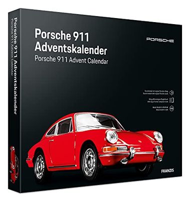 FRANZIS 55199 Porsche 911 Calendario de Adviento de metal a escala 1:43 con módulo de sonido y libro de acompañamiento de 52 páginas, rojo