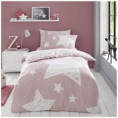 GC GAVENO CAVAILIA Luxury Kids Fitted Sheet Super Star Cover OR Easy Care Children Curtains, Polycotton, Blush Pink, Double Duvet Set