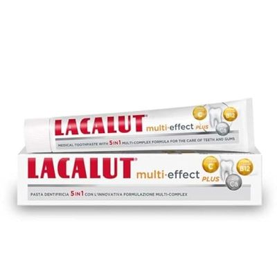 Lacalut Multi-Effect - Dentifricio al Fluoro 75 ml - Formulazione 5in1 (Rinforza Smalto, Tonifica Gengive, Previene Carie, Denti Bianchi e Alito Fresco) una Completa Igiene Orale e Dentale