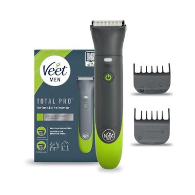 Veet Men Intimate Trimmer TOTAL PRO, Rasoio elettrico uomo corpo e parti intime, 1 testina per zona intima e corpo e 2 pettini guida, Rifinitura precisa, Cordless