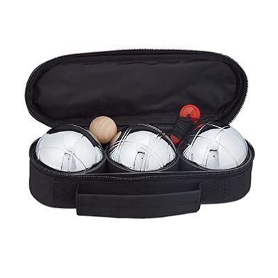 Relaxdays Set di Bocce da Gioco, 3 Sfere in Metallo, Boccino e Misuratore di Distanza, con Custodia, Argentato Nero, Nylon