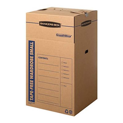 BANKERS BOX SmoothMove Tape-Free Wardrobe Boxes, Small 20.38”L x 20.38”W x 34.5”H, 3pk
