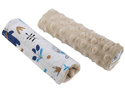 Medi Partners Bälteskudde, axelkudde för barnvagnar, barnbilstolar, baby, 100% bomull, minky 1 par, 18 x 13 cm, dubbelsidig buggy sportbil, bil (boho, djur med beige minky)