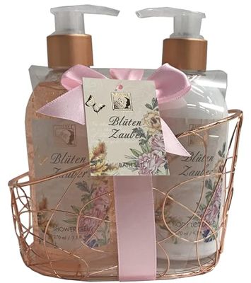 Accentra Set da bagno in cestello metallico, con gel doccia da 260 ml, lozione per il corpo, profumo: maracuja e pompelmo – rosa/beige