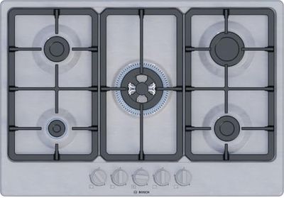 Bosch PGQ7B5K90 Serie 4, placa de gas, quemador WOK: potencia hasta 3,3 kW, parrillas de hierro fundido, acero, 75 cm, inoxidable