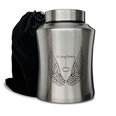 CHIEMOT Grande urne funéraire pour Cendres humaines Adultes, jusqu'à 72,5 kg, Motif Ailes d'ange et Texte «in Loving Memory», décoration funéraire pour Homme ou Femme, avec Sac en Velours, argenté