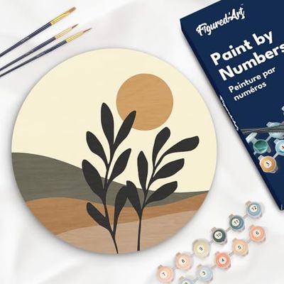 Figured'Art Peinture par Numéro Adulte sur Disque en Bois de 30cm de diamètre - Paysage et Plante - Kit de Loisir Créatif DIY Numéro d'Art Complet