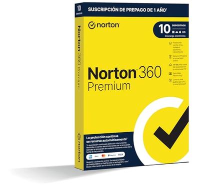 Norton 360 Premium 2022 - Antivirus software para 10 Dispositivos y 1 año de suscripción con renovación automática, Secure VPN y Gestor de contraseñas, para PC, Mac tableta y smartphone