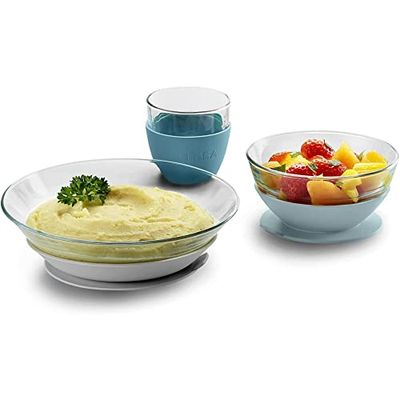 BÉABA & Duralex – Matningsmålsset – set med 3 delar: Tallrik + skål + kopp – med silikonsugplatta – ergonomisk, anpassningsbar, säker – baby och barn – tillverkad i Frankrike – grön