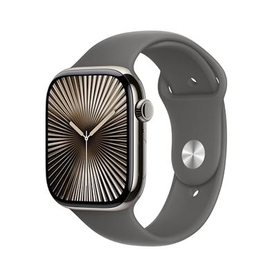 Apple Watch Series 10 GPS + Cellular 46 mm Smartwatch con cassa in titanio color Naturale e cinturino Sport Loop Grigio pietra - S/M. Fitness tracker, app ECG, display Retina always-on, Carbon Neutral
