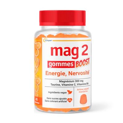 MAG 2 - Gommes BOOST - Magnésium, taurine, vitamines B6 et C - Anti-nervosité et anti-fatigue - Sans sucres ajoutés -Arôme naturel de mandarine - Complément alimentaire - 45 gommes
