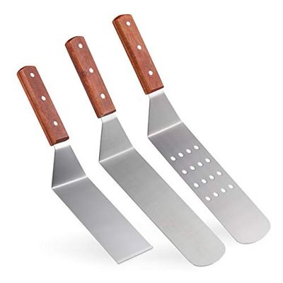 Relaxdays Spatule barbecue, set de 3, grill, hamburgers, cuisine, acier inoxydable, manche en bois, brun rouge