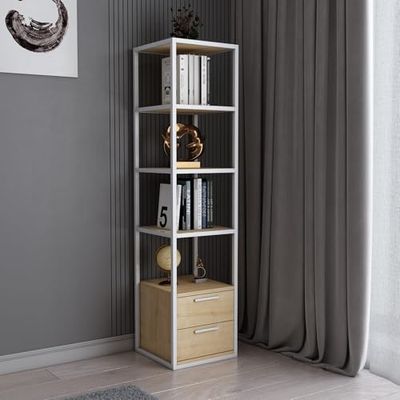 Modernt bokstöd, vit & ek 39 x 39 x 160 cm | 100% melaminbelagd partikelbräda, 18 mm tjock, robust metallram | Snygg förvaring för hem och kontor