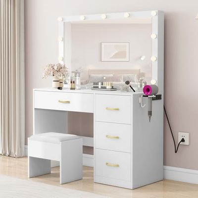 YITAHOME Coiffeuse avec éclairage LED réglable et Prises, Coiffeuse avec Miroir, 3 Couleurs avec luminosité réglable, Coiffeuse avec tiroirs et Tabouret, Blanche