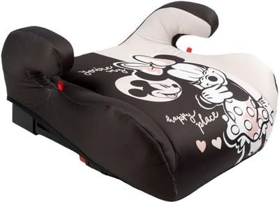Disney Minnie Siège rehausseur avec fixations ISOFIX i-Size ECE R129. Réhausseur pour la sécurité des enfants. Hauteur de 125 à 150 cm. Réhausseur avec graphisme du Minnie, sur fond noir.