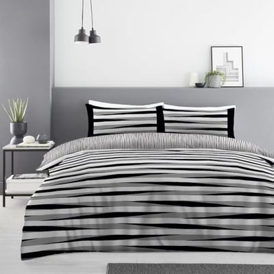 Stripe Duvet Cover Set Single - Reversible Complete Bedding & Linen With Pillow Case & Fitted Sheet - Polycotton Breathable Quilt Cover Set
