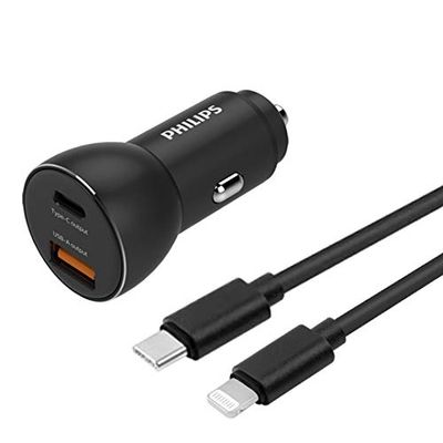 PHILIPS Caricabatteria da Auto USB A-C - DLP2521C/04 - Nero - incl. cavo USB-C-Lightning - Accendisigari - Caricabatteria da Auto per iPhone - Carica Rapida 36W