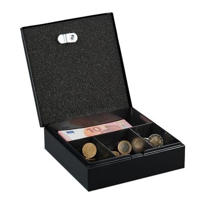 Relaxdays Caja de Dinero con Llaves, Bandeja Extraíble, 4 Espacios, Cambio y Billetes, 6 x 17 x 17,5 cm, Hierro, Negro