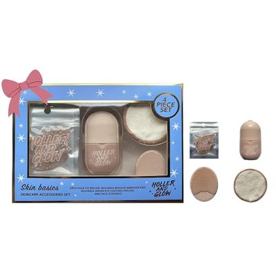 Holler And Glow Skin Basics Skincare Accessories, Limited Edition, Cooling Under Eye Masks, Puffiness Reducing Cryo Ice Roller, Reusable Makeup Remover Pad, Exfoliating Face Scrubber, 4 Piece Gift Set