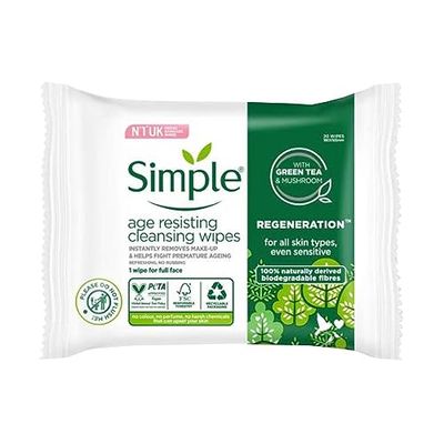 Simple Regeneration Age Resisting Biodegradable Facial Wipes remove make-up and fights premature ageing for sensitive skin 20 wipes,package may vary