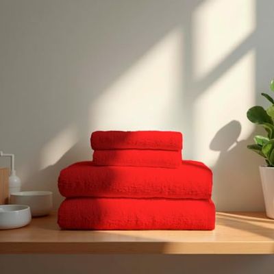TRAMAS+ Lot de 4 Serviettes Premium 700 g, 100% Coton, 2 Serviettes 50x100 cm et 2 Serviettes de Bain 70x140 cm, Extra Douces, à séchage Rapide et très absorbantes - Rouge