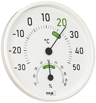 TFA Dostmann Thermo-hygromètre analogique, 45.2045.02, pour l'intérieur et l'extérieur, avec zones de confort colorées, blanc