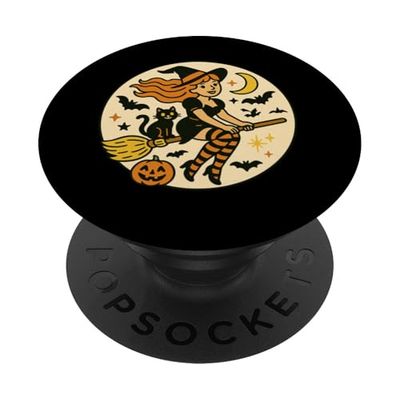 Ilustración de bruja de Halloween Gato Negro Familiar PopSockets PopGrip Adhesivo