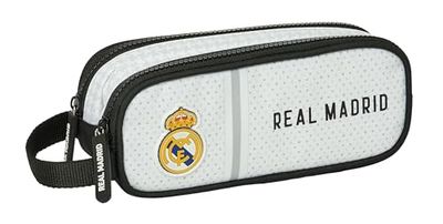Safta Real Madrid 1ère équipe 24/25 Trousse Double pour Enfant, idéale pour Les Enfants d'âge Scolaire, Confortable et Polyvalente, qualité et résistance, 21 x 6 x 8 cm, Blanc/Gris, Blanc/Gris,