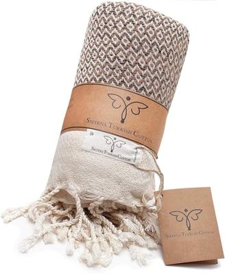 SMYRNA TURKISH COTTON Original Series Throw Blanket 100% Cotton|Large 127x152cm Wearable Cosy Blanket|Made in Turkey|Machine Washable|Premium Luxury Striped Bath Towel&Picnic Rug-Latte