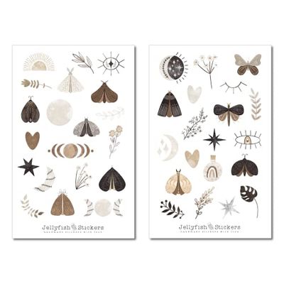 Set di adesivi "falena scura" - Adesivi per il diario, adesivi per l'agenda, insetti, natura, magia, strega, stelle, luna, sole,