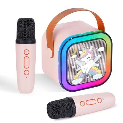 DYNASONIC A29 Karaoké avec Deux Microphones Haut-Parleur Bluetooth Karaoké Enfants Jouet Électronique Enfant Cadeaux pour Enfants 3-15 Ans (Licorne)