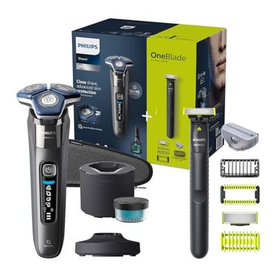 Philips Serie 7000 Afeitadora Eléctrica Hombre, Maquina de Afeitar Barba con Cortapatillas, Tecnologia SkinIQ, Inalambrica, Recargable, Centro Limpieza, Base Carga, OneBlade, Funda, S7887/78, Negro