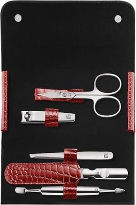 ZWILLING Set manicure, 5 pezzi, per la cura delle unghie delle mani e dei piedi, custodia in vera pelle, acciaio inossidabile lucidato, edizione coccodrillo, rosso