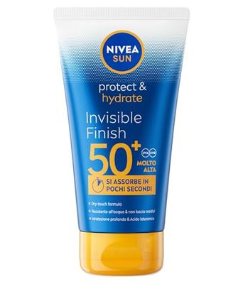 NIVEA SUN Protect & Hydrate Invisible Finish SPF 50+ 150 ml, Crema solare 50+ ad assorbimento rapido e dal finish invisibile, Protezione solare 50+ resistente all'acqua con Acido Ialuronico idratante