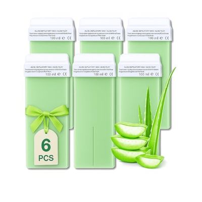 LALILL Cartucce di cera all'Aloe Vera 100ml x 6 - Roll-on Wax - Cera depilatoria efficace - Cartuccia di cera calda con ingredienti naturali, Depilazione, Corpo, Viso, Gambe, Rullo, largo