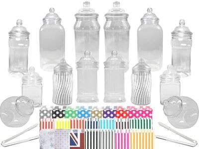 14 Plastic Sweet Jars, 7 Styles, 2 Tongs and 50 Bags. Ideal for Party, Wedding, Sweet Table, Candy Buffet (Silver Snowflake Bags)