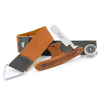Haryali London Cut Throat Razor Kit - 3 Pcs Wooden Straight Razor - Maroon Leather Strop - Wet Shaving Kit