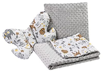 Medi Partners Couverture bébé Ensemble Couverture Rampante 3en1 100% Coton Minky 55x75 + Coussin Plat 35x30cm et Oreiller Anti-Choc Butterfly (Cerf avec Minky Gris)
