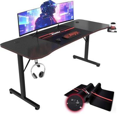 JUMMICO Grande Table de Gaming 180 cm, Ergonomique, avec Compartiment de Gestion des câbles, Crochet pour Casque et Porte-gobelet, 180 x 70 cm, Noir