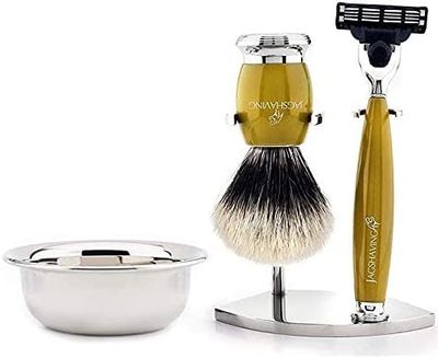 Silvertip - Brocha de afeitar de pelo de tejón con soporte de acero inoxidable y bandeja de color dorado Jag Shaving