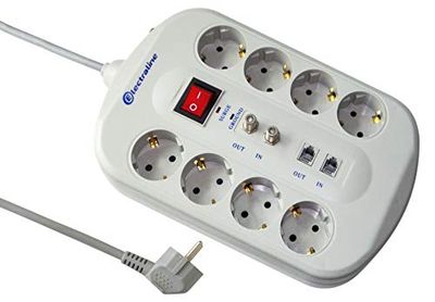 Electraline 62113 Extensão Schuko Fax/Modem 2 tomadas TV com interruptor protetor, sobrecargas filtro emi/RFI cabo 3G1 1,5 m, cinzento