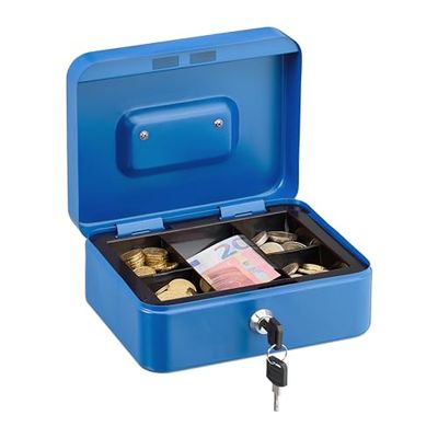 Relaxdays Caja de Dinero, Cerradura, Bandeja Extraíble, 5 Compartimentos, Cajita Hierro, 8,5 x 20 x 17 cm, Azul