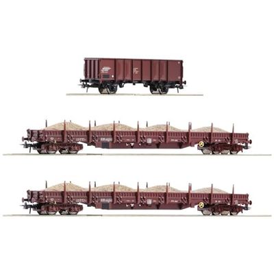 Roco 77041 H0 Set di 3 carri merci treno sabbiato della DR Due camion piatti genere Res, carro merci aperto Ga