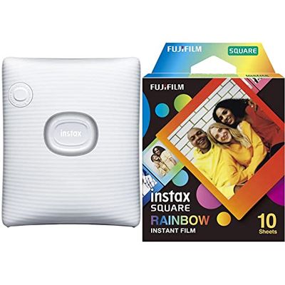 Fujifilm Instax SQUARE Link Ash White - Stampante per Smartphone a Sviluppo Istantaneo & pellicola istantanea instax SQUARE Bordo arcobaleno, confezione da 10 scatti