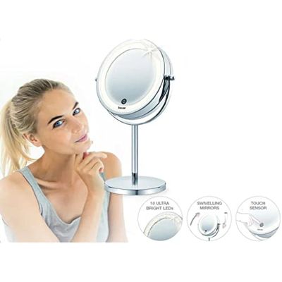 Beurer BS 55 Makeup Mirror with Light, Bright LED Light (18 LEDs), Pivoting Mirror, Touch Sensor On, 1 Side with Normal View, 1 Side with Magnification View (x7), Chrome Finishes,20.5 x 31.5 x 13.4 cm