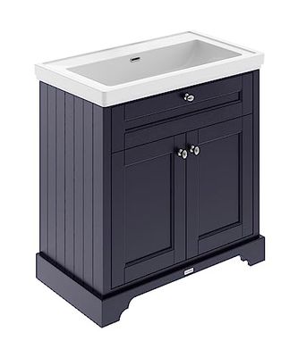 Hudson Reed LOF346 Old London Traditional Bathroom Floor Standing 2 Door Vanity Unit & 0 Tap Hole Fireclay Basin, 800mm, Twilight Blue