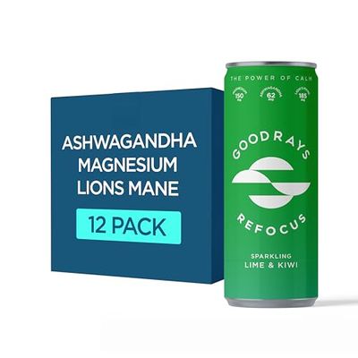 Goodrays Refocus, Sparkling Functional Drink with Magnesium Citrate, Lion's Mane Mushroom, Ashwagandha and Vitamin D, Low Calorie, Lime & Kiwi, 12 x 250ml